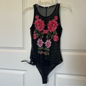 Black Sheer Festival Bodysuit w/Floral Embroidery, Going Out, Love Island club
